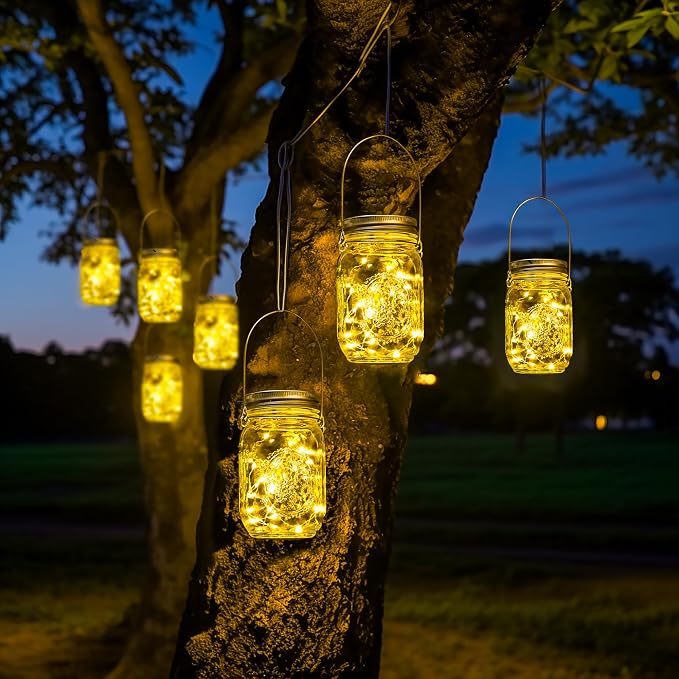 GIGALUMI Hanging Mason Jar Solar Lights, 6 Pack 30 Led Tinplate Lids | Hanging Solar Lanterns Outdoor Waterproof, Hangers and Jars Included, Outdoor Decor for Balcony, Garden, Patio, Yard, Wedding
