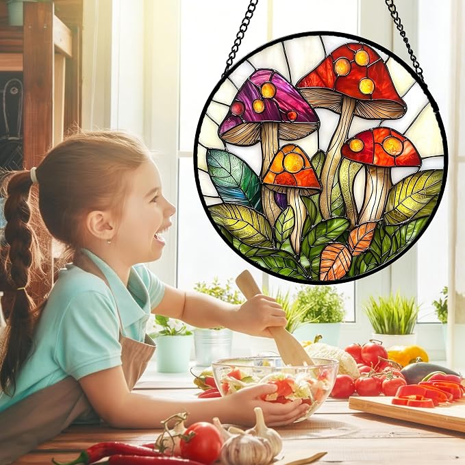 DASTOLL Stained Glass Window Hanging, Mushroom Leaves Suncatcher for Doors Home Sun Catchers Decoration and Christmas, Mother's Day Birthday Gifts for Women, Men, and Mom 14.9x14.9 in
