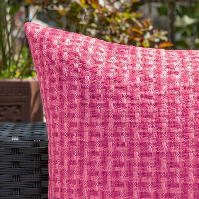 Kevin Textile Outdoor Waterproof 12"x24" Pillow Covers 2 Pack, Hot Pink | Water Resistant Weaving Faux Linen Texture Throw Pillow Covers, Outside Decorative Pillowcases for Garden Patio Balcony Couch