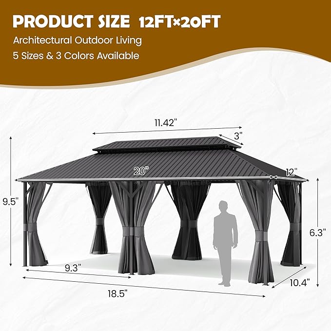 UDPATIO 12'x20' Hardtop Gazebo, Outdoor Metal Gazebo with Galvanized Steel Double Roof, Permanent Pavilion with Netting and Curtains for Lawn, Garden, Patio, Grey