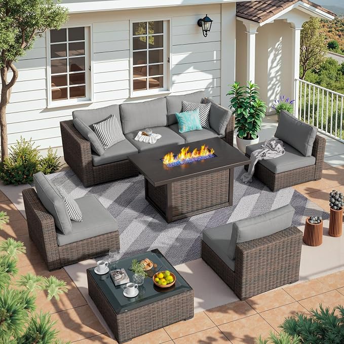 Patio Furniture Set 8 Pieces with 44" Fire Pit Table, Rattan Outdoor Sectional Conversation Sets, All Weather Outdoor Furniture Set with Cushions for Garden Lawn Balcony Porch Deck Grey