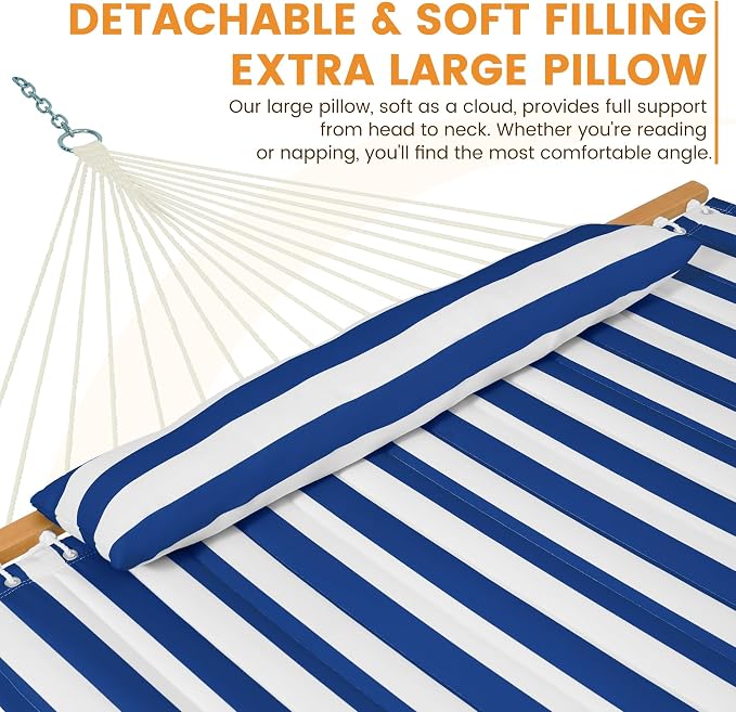 Lazy Daze Hammocks 12FT Quilted Fabric Double Hammock with Spreader Bars and Detachable Pillow, 2 Person, 450lbs Capacity, Blue White