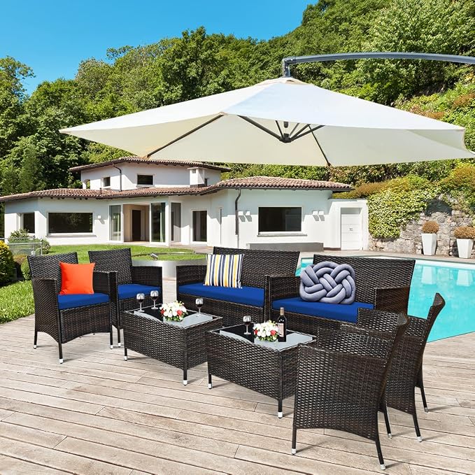 COSTWAY 8PCS Rattan Patio Furniture Set | Outdoor Wicker Rattan Chairs with Coffee Table, Rattan Cushioned Conversation Set for Backyard Balcony Porch Poolside, Navy