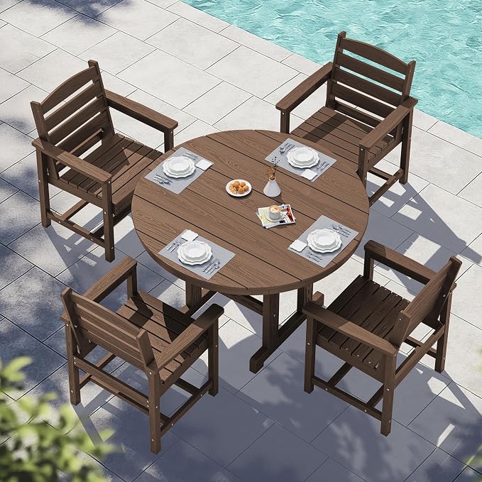 SERWALL 5-Piece Patio Dining Sets, HDPE Outdoor Table and Chairs Furniture Set, 45" Round Dining Table and 4 Dining Chairs, Brown
