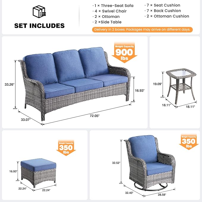 ovios 9-Piece Patio Furniture Set with Swivel Chairs Side Table, Outdoor Wicker Sofa with Comfy Cushions, High Back Couch Modern Conversation Sets, Grey/Denim Blue