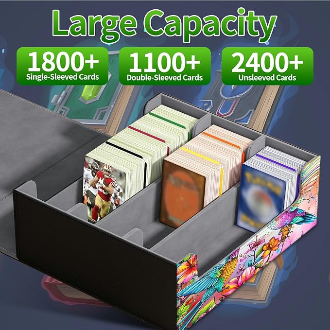 Card Deck Box for MTG, Cards Storage Box Fits 120+ Sleeved, Leather Big Size Strong Magnetic Closing Case for Board Games Magic TCG CCG Baseball Collection Women Man, Four Birds Flowers