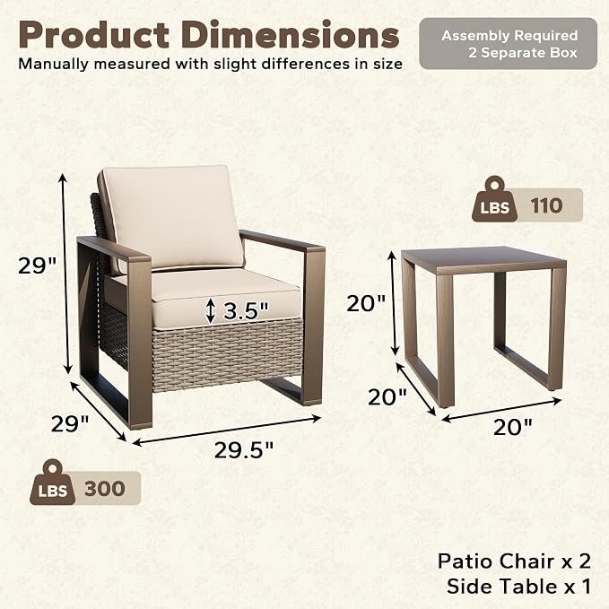 Outdoor Wicker Metal Chairs Set of 2 with Matching Side Table - 3 Pieces Patio Bistro Set with Removable Olefin Fabric Cushions & Rectangular Framed Wood-Looking Metal Armrest, Beige