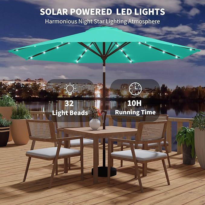 Kingdura 10FT Outdoor Patio Umbrella with Solar Lights, Market Table Umbrella with Push Button Tilt & Crank, 8 Sturdy Ribs, 32 LED Lights, UV Protection for Garden Lawn Deck Backyard Pool (Tiffany blue)