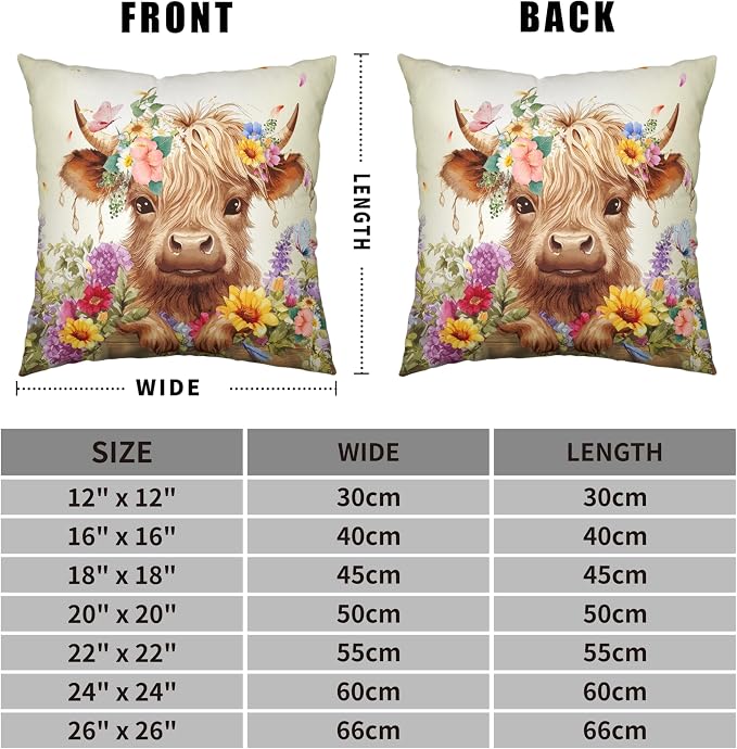Highland Cow Pillow Covers 24x24 Set of 2 Cattle with Flowers Throw Pillow Covers Spring Outdoor Pillowcase Cotton Linen Farmhouse Cushion Case for Sofa Outdoor Patio