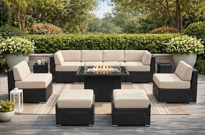 Fully Assembled 11 Piece Outdoor Aluminum Wicker Patio Furniture with 6-inch Sunbrella Beige Rainshield All Weather Cushions, Oversized Seats and 42-inch Fire Table