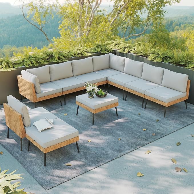 Aoxun 10 Piece Patio Furniture Set, 10 Seats Outdoor Sectional Sofas with Thick Cushion, Wicker Outdoor Patio Furniture Set with Ottomans for Party, Garden, Backyard, Grey