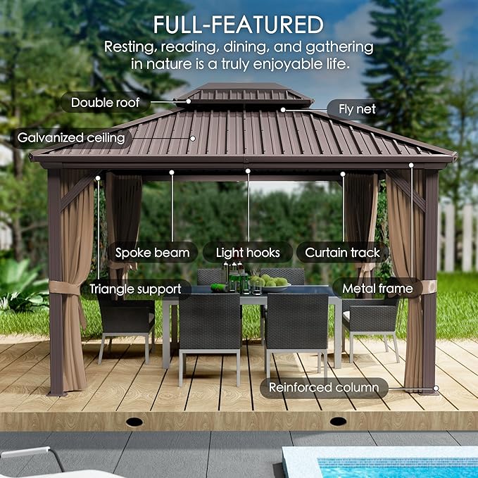 Kozyard Caesar 12'x16' Hardtop Gazebo - Permanent Metal Pavilion with Netting and Shaded Curtains for Patio, Backyard, and Deck - Galvanized Steel Outdoor Aluminum Canopy, Double Roof Gazebo (Brown)