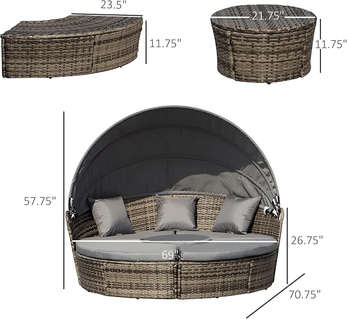 Outsunny 4-Piece Round Convertible Daybed with Cushions, Outdoor PE Rattan Patio Wicker Sofa Set, Sunbed with Adjustable Sun Canopy, Sectional Sofa, 2 Chairs, Table, 3 Pillows, Gray