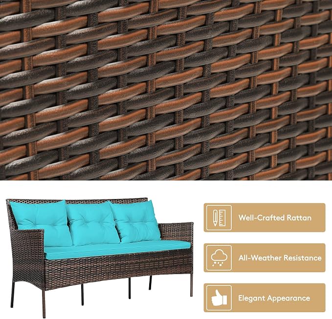 HAPPYGRILL 3 Piece Outdoor Rattan Conversation Set Patio Furniture Set with Tempered Glass Coffee Table, 5 Elastic Seat & Back Cushions, Sectional Sofa Set for Poolside Balcony Backyard