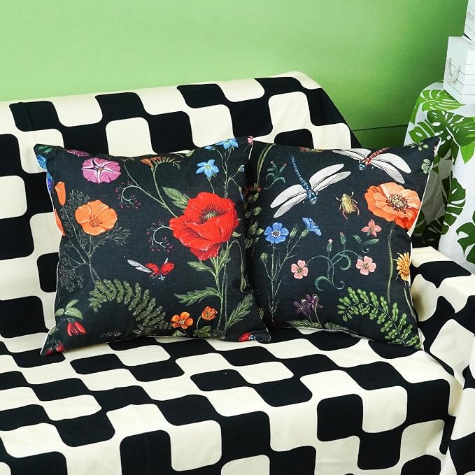 ONWAY Outdoor Waterproof Spring Summer Pillow Covers 16x16 Inch Set of 4 Floral Farmhouse Throw Pillows Decorative Cushion Cases for Outdoor Couch Sofa Patio Furniture Home Decoration Black