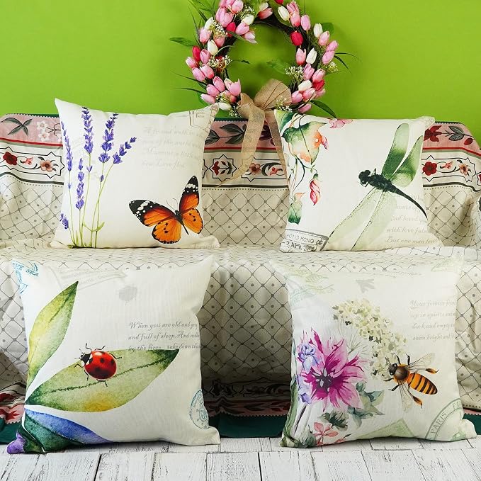 ONWAY Spring Summer Throw Pillow Covers 20x20 Inch Set of 4 Bee Butterfly Decorative Farmhouse Throw Cushion Cover Outdoor Pillows for Couch Sofa Patio Furniture Porch