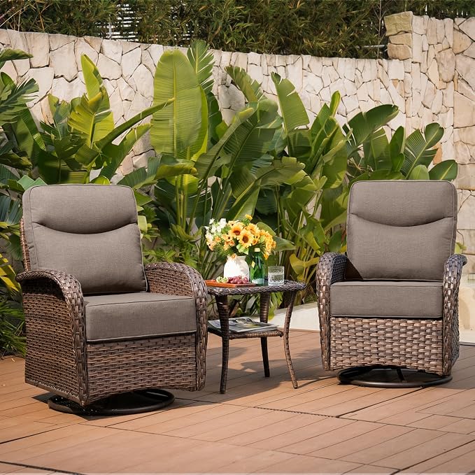 Belord Upgraded 6“ Cushion Luxury 3 Pieces Patio Furniture Set - All Weather Wicker Outdoor Swivel Rocker Patio Chairs of 2 with Side Table, High Back Glider Chairs Set for Deck Porch - Brown/Grey