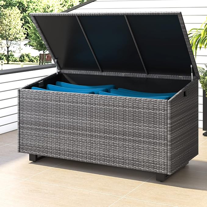 Lepus Large Outdoor Waterfroof Deck Box, 210 Gallon Rattan Deck Storage Box with Built-in Waterproof Bag for Seat Cushion on Patio Garden, Poolside (210, Dark Grey)