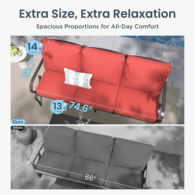 PHI VILLA Patio Furniture Set, a Loveseat, 3-Seater Sofa, 2 Rocking Chairs and a Coffee Table, Outdoor Metal Conversation Set with 5.75" Extra Thick Cushion for Garden Backyard Deck, Red