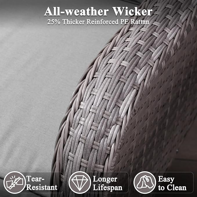 10 Piece Wicker Patio Furniture Set with 55,000 BTU Fire Pit Table, Swivel Rocking Chairs, 4''Cushions, PE Rattan, Wind Guard Glass, for Backyard, Deck or Balcony, Grey