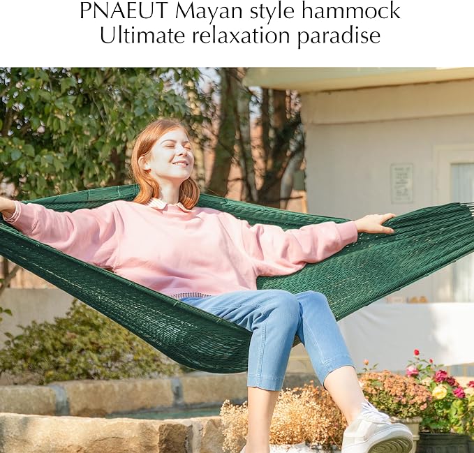 PNAEUT Handwoven Mayan Hammock, Thick Soft Rope Double Hammock for Outdoor Outside & Indoor, 600 lbs Capacity Heavy-Duty, Includes Tree Straps, Carabiners & Carrying Bag (Forest Green, X-Large)