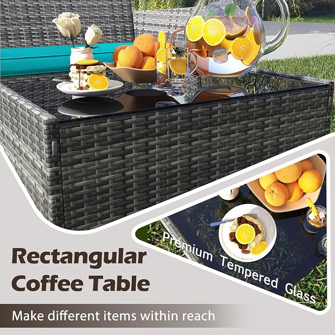 RELAX4LIFE 4-Piece Patio Furniture Set - Rattan Outdoor Conversation Bistro Set w/Cushions, Glass Coffee Table, Wicker Chairs & Loveseat for Garden Backyard Porch Balcony (1, Mix Grey-Turquoise)