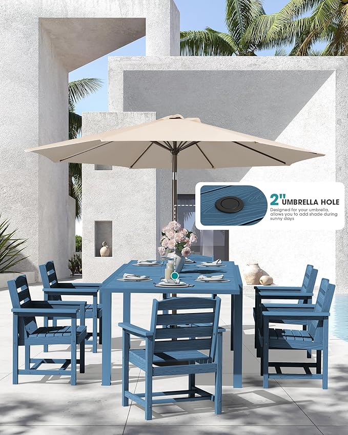 SERWALL 10-Piece Patio Dining Sets with 15FT Patio Umbrella, 60" - 83" Expandable Outdoor Dining Table and 8 HDPE Chairs, All Weather HDPE Outdoor Furniture Set (Umbreall Base not Included)