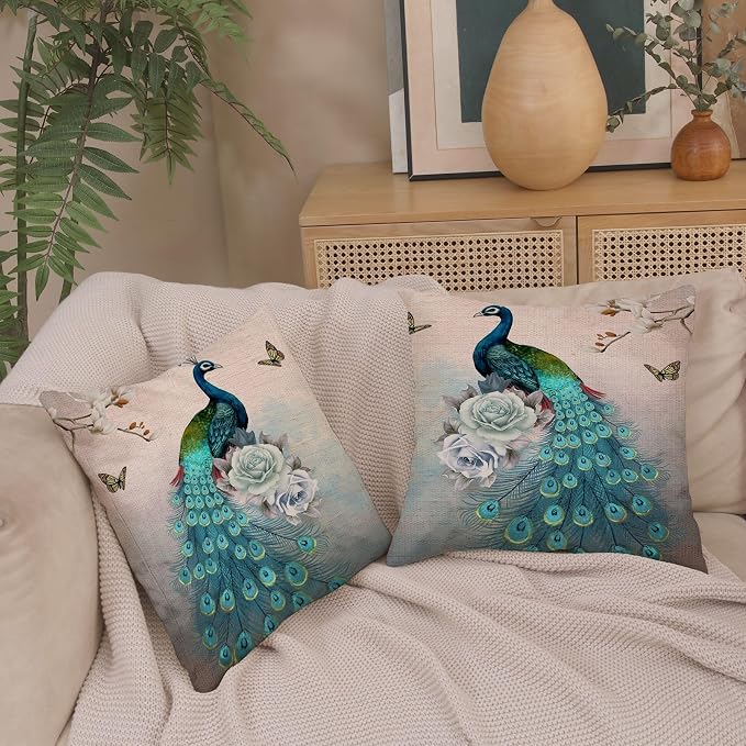 Peacock Light Blue Throw Pillows Covers 18x18 for Bed Set of 4 Geometric Sky Blue Abstract Decorative Throw Pillow Case Outdoor Square Velvet 18 x 18 inch for Living Room Couch Sofa Decor