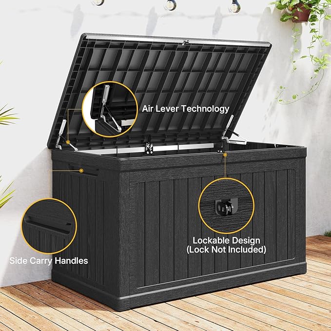 Skepphlay 230 Gallon Deck Box Extra Large, Outdoor Storage Box Lockable, Patio Storage Box Waterproof and UV Resistant, 1000lbs Load Capacity for Garden, Patio, Pool (Black)