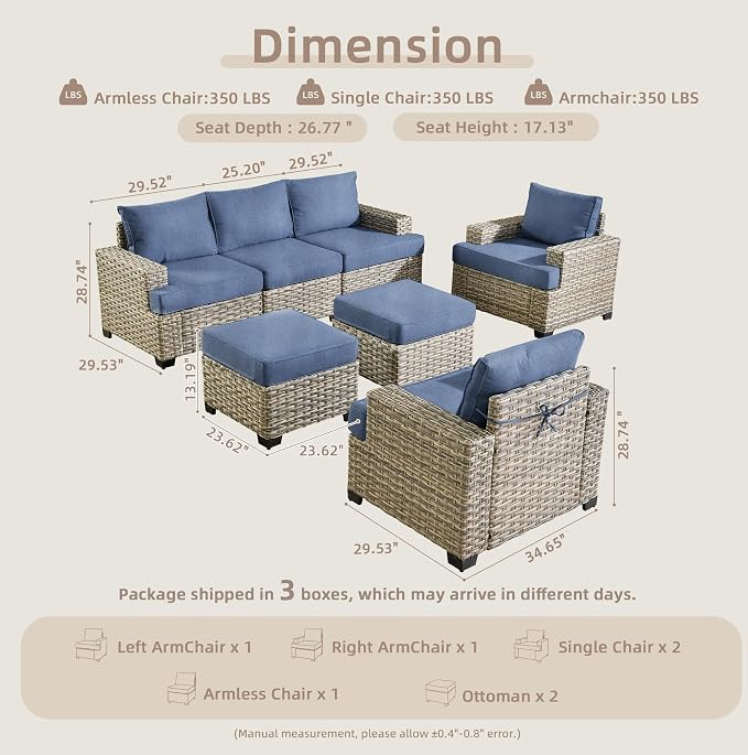 CAODOC Patio Furniture Sets 7 Pieces Outdoor Sectional Rattan Sofa Manual Weaving Wicker Patio Conversation Set with Ottomans and T Cushion(Light Blue)