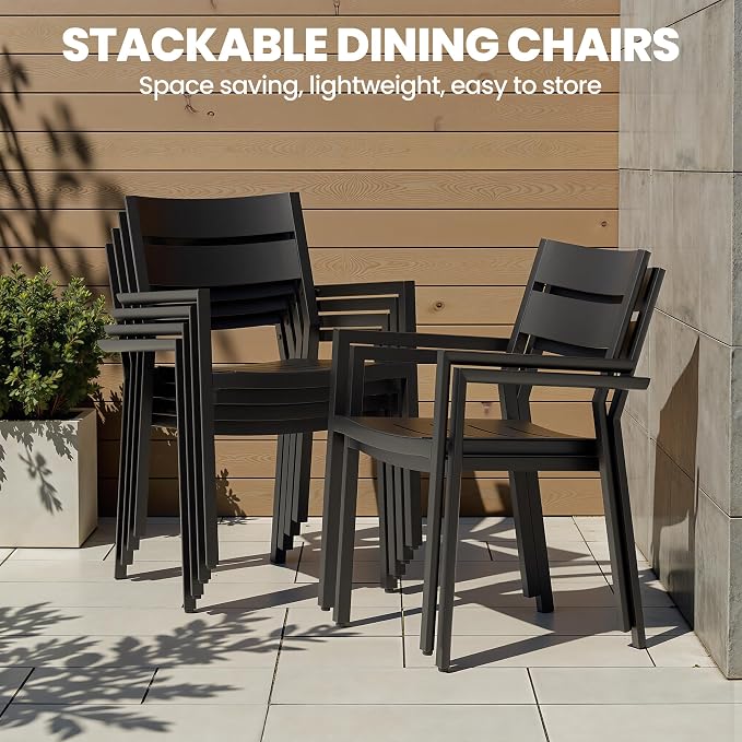 57” Square Outdoor Dining Set for 8 with Stackable Armchairs | 57” Square Aluminum Patio Table with Umbrella Hole Rust-Proof Patio Furniture for Lawn Backyard Garden, Black