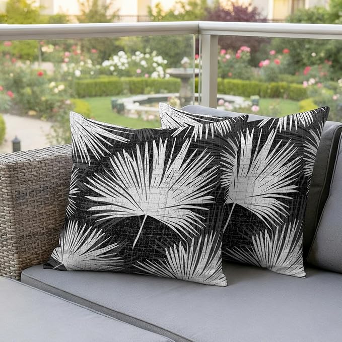 Throw Pillow Covers 24x24 Inch Set of 2, Black Palm Leaves Coastal Waterproof Outdoor Pillow Covers, Summer Tropical Botanical Boho Decorative Cushion Pillowcases for Couch, Sofa, Bed, Garden, Patio