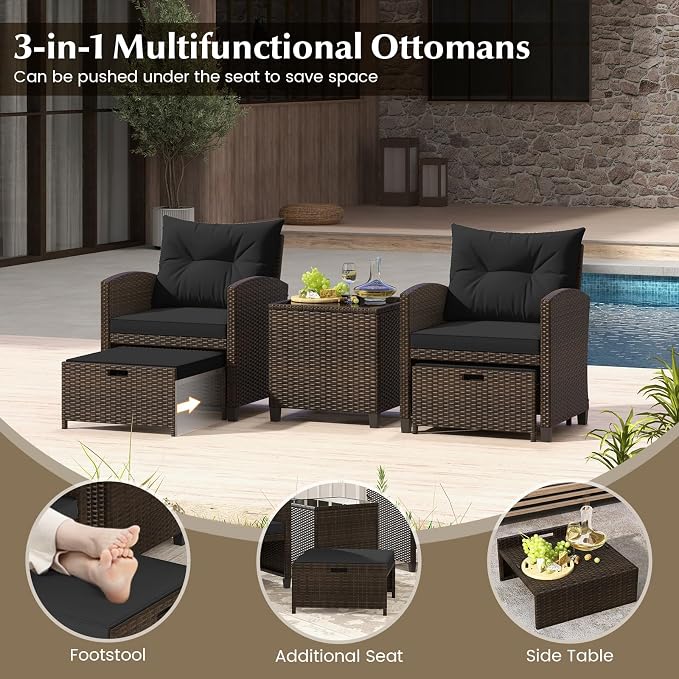 KOTEK 5 Pieces Patio Furniture Set with Ottomans, Wicker Patio Conversation Set with Coffee Table & Cushions, PE Rattan Outdoor Lounge Chairs for Backyard, Porch, Poolside (Mix Brown- Black)