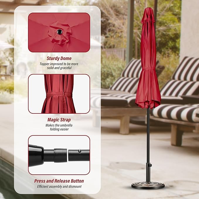 Simple Deluxe 9FT Outdoor Patio Umbrella Table Market Umbrella with Push Button Tilt and Crank and 50lbs Base Stand, for Garden, Lawn, Deck, Backyard, Pool, Red