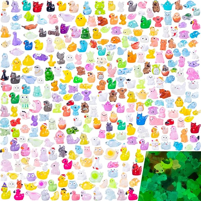 300Pcs Mini Resin Animals Bulk 300 Styles Variety Tiny Animals Figure to Hide Luminous Glow in The Dark for Miniature Fairy Garden Decoration Hide Crafts Decor