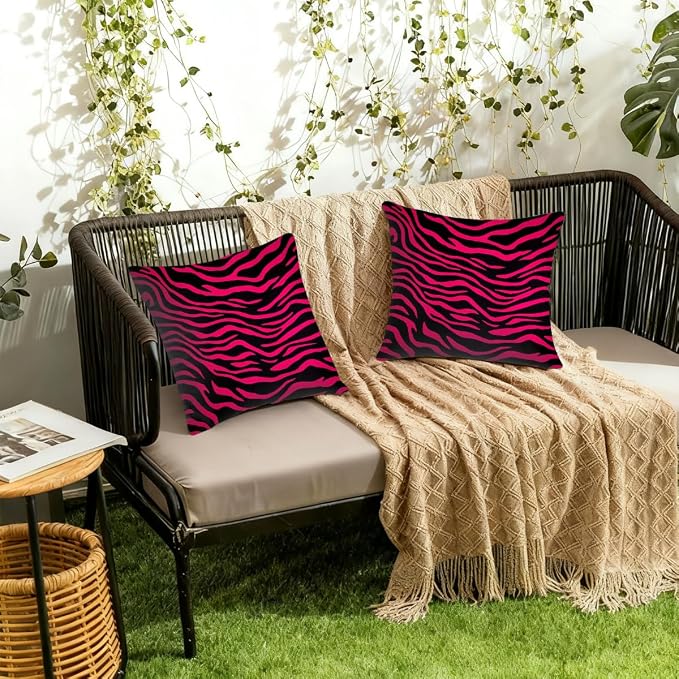 18x18 Inch Outdoor Pillow Covers Set of 2 Waterproof Throw Pillow Covers Decorative Couch Cushion Covers Hot Pink Black Zebra Print Square Pillowcases Protectors for Patio Garden Sofa