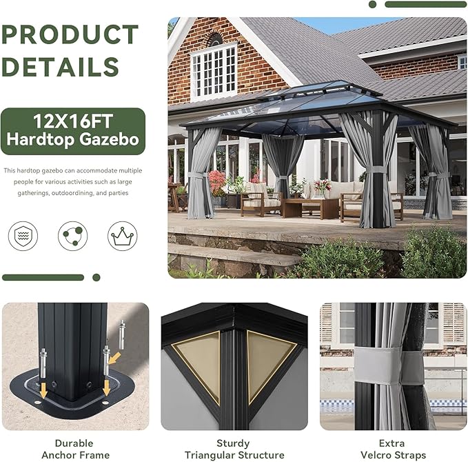 Aoxun 12'x16' Hardtop Gazebo, Aluminum Frame Permanent Pavilion with Curtains and Netting, Outdoor Polycarbonate Double Roof Canopy
