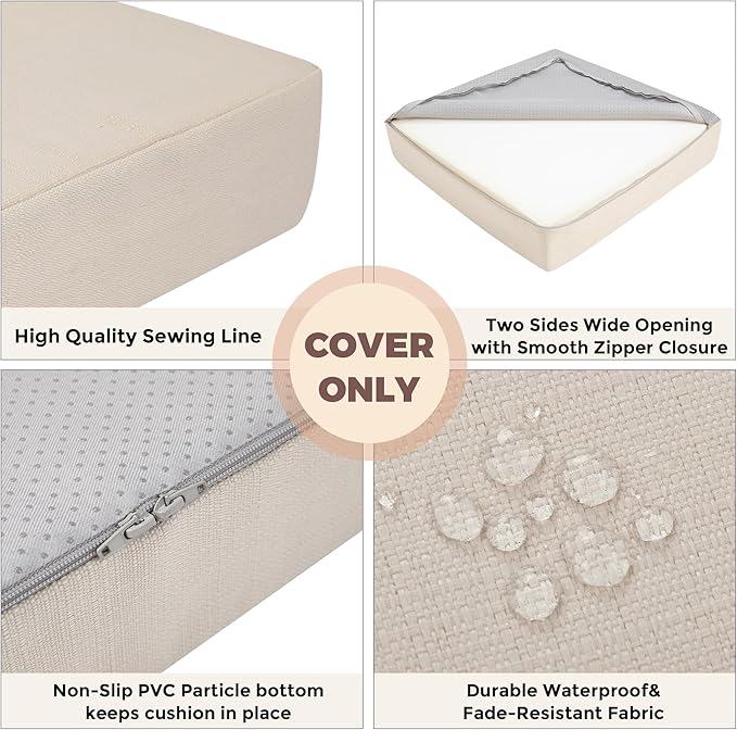 FUNHOME Outdoor Cushion Covers 22 x 22 x 4 inch,Set of 2,Non-Slip Grips Bottom,Replacement Cushion Covers for Garden Patio Furniture Couch Chair,Fade-Resistant Slipcover Only,No Insert(Antique Beige)