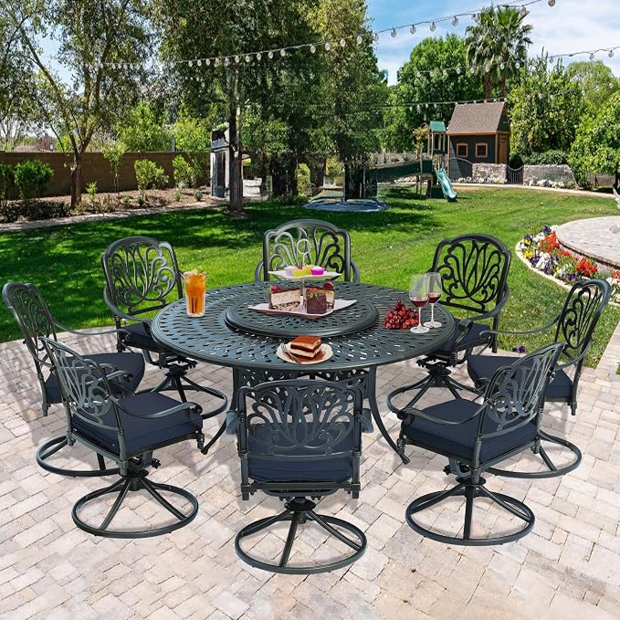 9-Piece Patio Cast Aluminum Dining Set, 8 Person Outdoor Dining Furniture Set, Includes 8 Swivel Dining Chairs and 61" Large Round Dining Table w/ 31" Lazy Susan, Umbrella Hole, Navy Blue