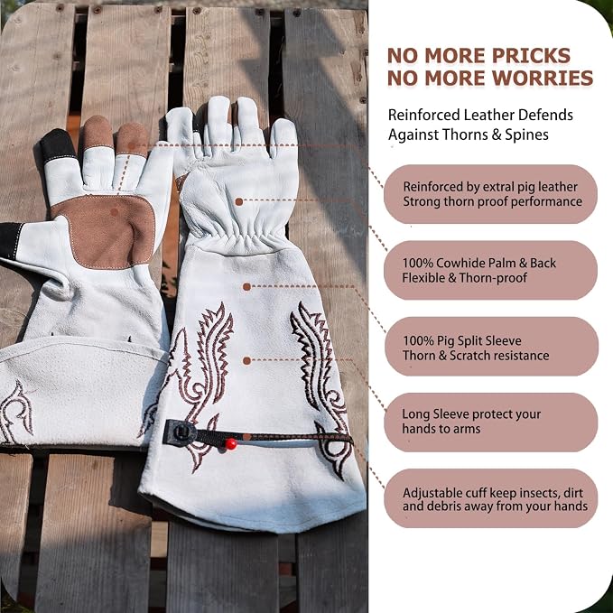 Long Gardening Gloves Thorn Proof for Rose Pruning & Cactus Trimming, Heavy Duty Leather Garden Gloves for Women & Men (Touch Screen, Small)