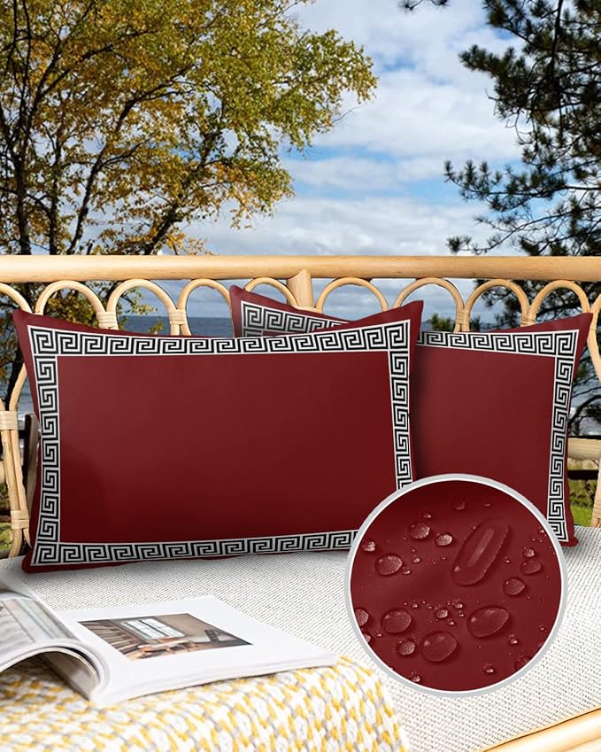 Prime Leader Outdoor Waterproof Pillow Covers Set of 2, Chinese Style Pattern Red Background Patio Throw Pillow Covers, Decorative Cushion Case for Couch Sofa Furniture Garden, 20x12 Inch