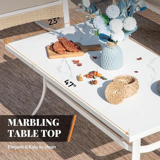 MIXPATIO 6 Piece Patio Furniture Set, 4 x Fixed Chair, 1 x 3-Seat Sofa with Marbling Coffee Table, All Cushioned 7 Seats Outdoor Conversation Set for Lawn Garden Backyard, Beige