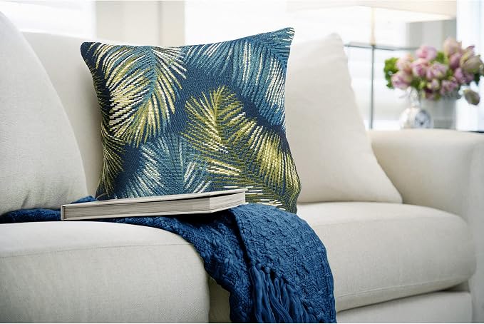 Liora Manne MARINA Indoor/Outdoor Power Loomed Easy Care Pillow - Transitional Graphic Botanical Beach Accent (Palm Border Navy) (18" x 18")