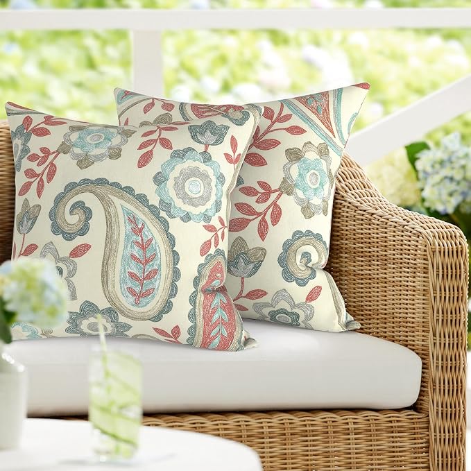 DYTXIII Pack of 2 Outdoor Waterproof Pillow Covers ONLY, 18"x18" Square Decorative Double Printed Throw Pillow Cases for Patio Couch Porch Furniture, Paisley Vintage