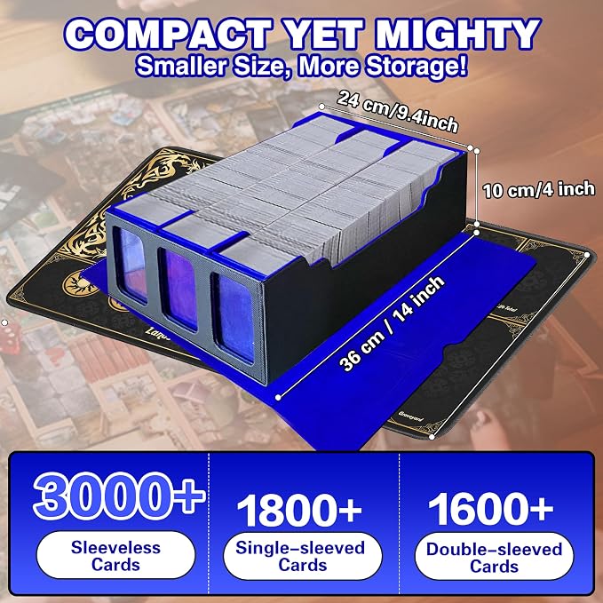 PROMAXIBINDER MTG Trading Card Storage Box with Playmat Fits 3000+ Cards, B-Row Commander Deck Case, 3 Display Windows, 6 Movable Partitions, 24 Dividers, for Magic/TCG/YuGiOh/Sport (Black&Blue)