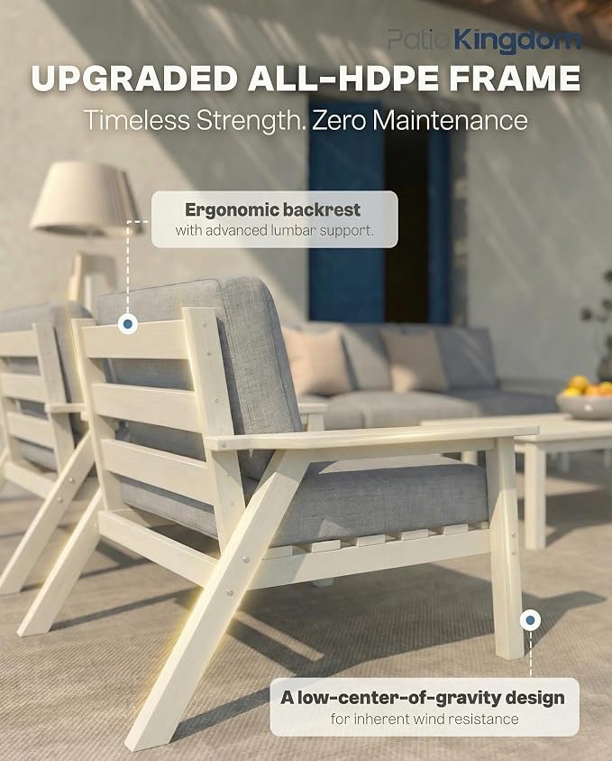7 Piece Patio Conversation Sets, Outdoor Couch with Washable Thick Gray Cushions, HDPE Patio Furniture Set, Outdoor Sectional Furniture for Backyard, Deck, Lawn, Porch (White Frame)