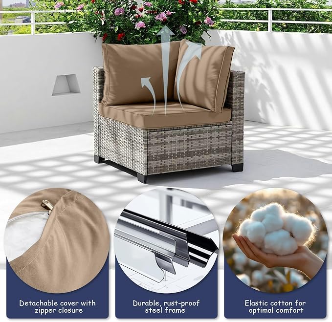 7-Piece Outdoor Patio Furniture Set, Gray PE Rattan Sectional Sofa with Dark Khaki Cushions and Steel Frame, Coffee Table Included, Modular Outdoor Conversation Set for Patio Garden Poolside