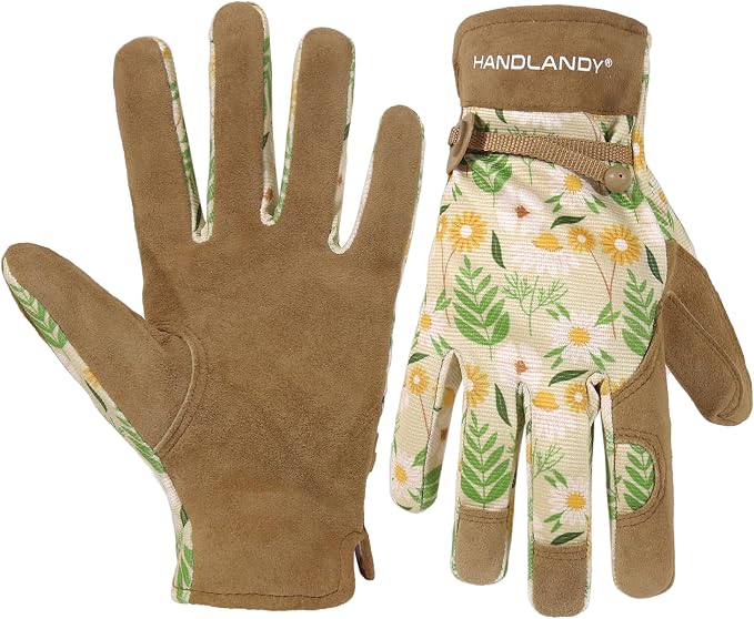 HANDLANDY Gardening Gloves for Women, Leather Garden Glove, Gardener Gift | Breathable Floral Ladies Leather Garden Yard Gloves, for Trimming, Weeding, Digging, Planting, Pruning