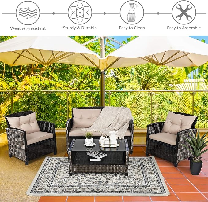 Tangkula 4-Piece Outdoor Rattan Furniture Set, PE Rattan Wicker Sectional Sofa with Loveseat Chair & Glass Table, Patio Cushioned Conversation Sets for Backyard Porch Garden Poolside (1, Brown)