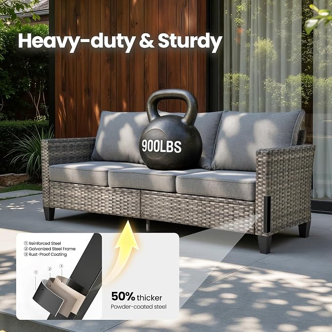 4 Piece Wicker Patio Furniture Set with Solar Table, Dark Gray | Outdoor Deep Seating Sofa Chair, Solar Lights Table, All Weather Rattan, Modern Conversation Set, Porch Deck Backyard